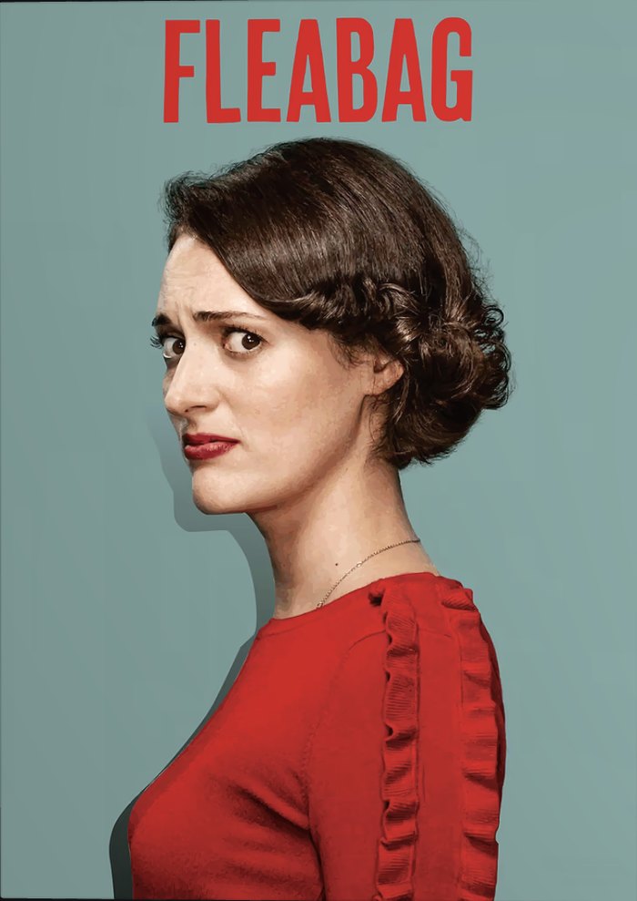 Fleabag poster — Phoebe Waller-Bridge in red against a teal wall