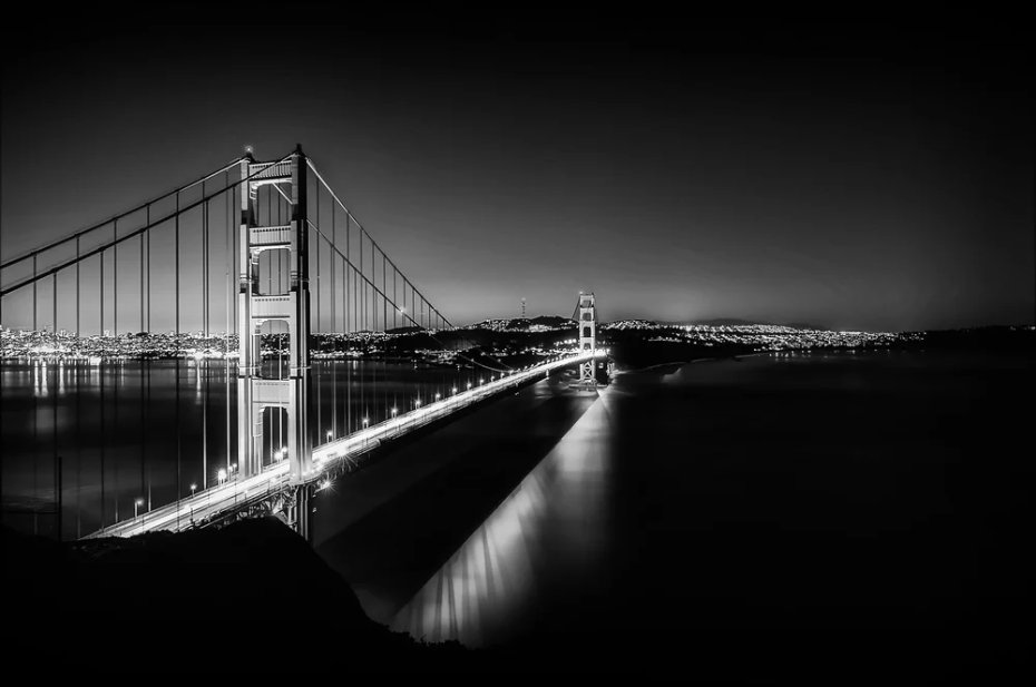 Golden Gate Bridge at night in black and white