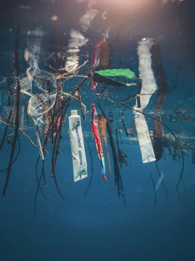 Plastic debris drifting underwater